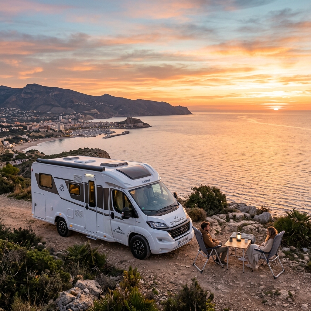 Autocaravana de Caravan Rent Alicante estacionada en un acantilado de la Costa Blanca al atardecer